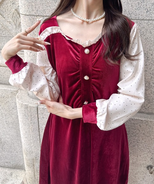 Mejoul ワンピース 「2025秋冬新作」ベロア切り替え シフォンスリーブ