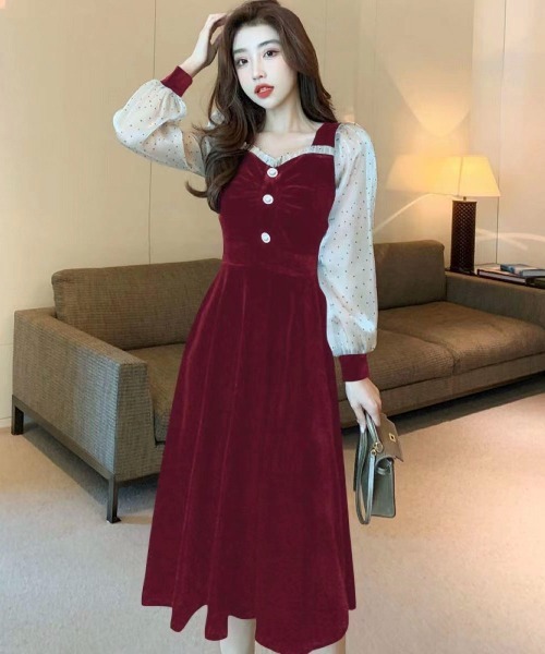 Mejoul ワンピース 「2025秋冬新作」ベロア切り替え シフォンスリーブ