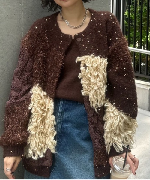 トップス AMERI MIX YARN PATCHWORK KNIT CARDIGAN UND MIX YARN PATCHWORK KNIT CARDIGAN