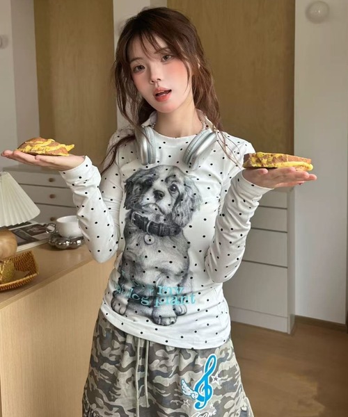 AsRiRe tシャツ 新色追加/ドットプリントドッグロングスリーブTシャツ