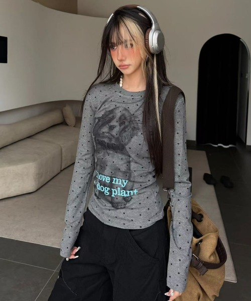 AsRiRe tシャツ 新色追加/ドットプリントドッグロングスリーブTシャツ