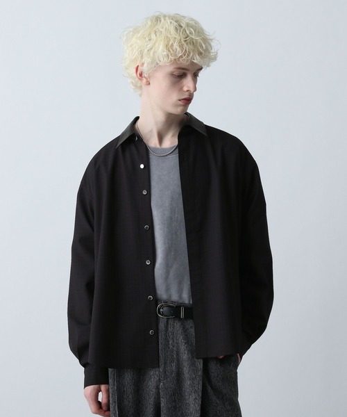 HAROLD'S GEAR レザー製黒長袖シャツ Mサイズ HARE（ハレ） シャツ エリレザーチェックシャツ(HARE) メンズ