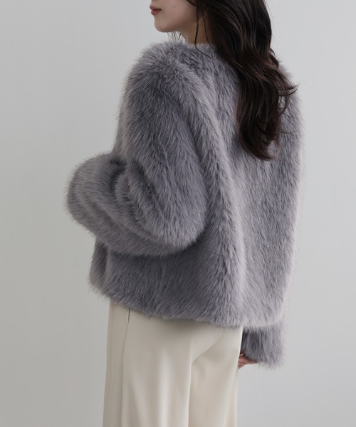 グレー ファー ジャケット オーバーサイズ 即日発送可能⭕️ ジャケット ノーカラージャケット ノーカラーファージャケット