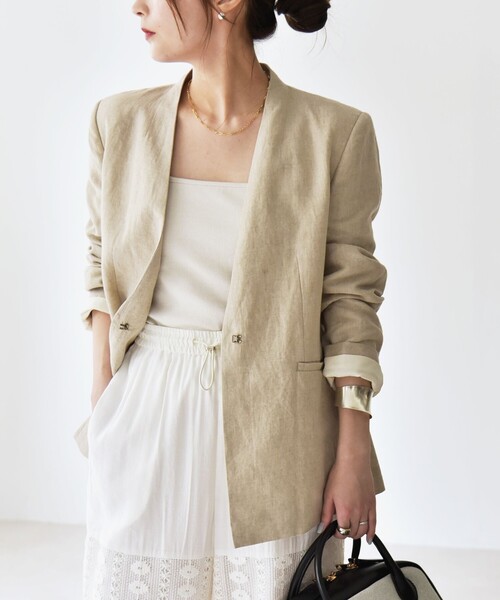 「quaranciel」 ノーカラージャケット ONE SIZE ナチュラル レディースの画像