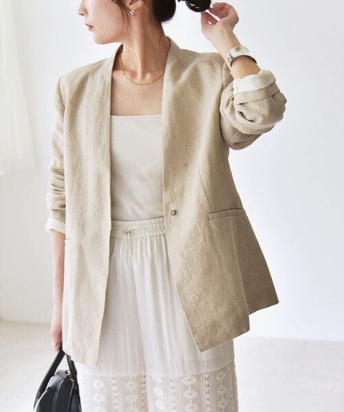 「quaranciel」 ノーカラージャケット ONE SIZE ナチュラル レディースの画像