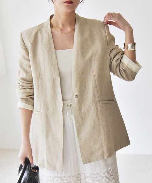 「quaranciel」 ノーカラージャケット ONE SIZE ナチュラル レディースの画像