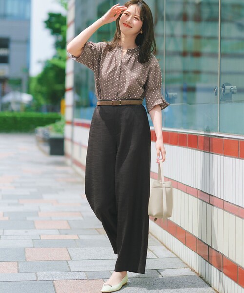 ワイドパンツ パンツ リネンライクグロッシー ワイドパンツ レディースの画像