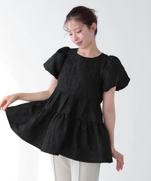 Fit more　フラワージャガード袖バルーントップス　ブラック Fit more（フィットモア） フラワージャガード袖バルーントップス