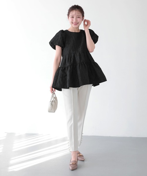 Fit more（フィットモア） フラワージャガード袖バルーントップス