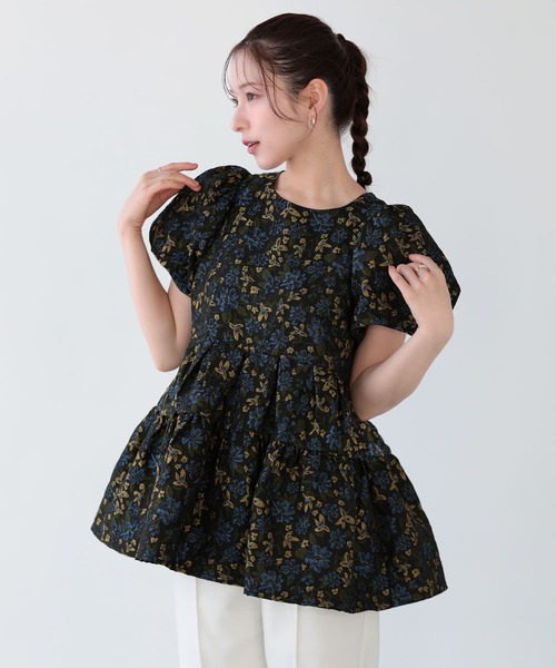 Fit more　フラワージャガード袖バルーントップス　ブラック Fit more（フィットモア） フラワージャガード袖バルーントップス