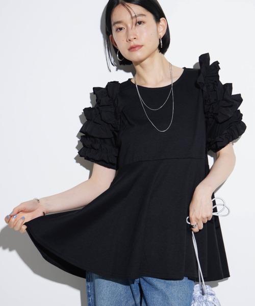 lija リージャM フリル袖 Tシャツ Shelly island tシャツ 袖フリルペプラムカットソー レディース