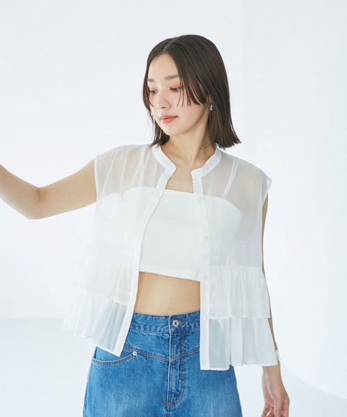美品☆ルルウィルビー 洗える シアー フレアスリーブブラウス フリル 白 美品☆ルルウィルビー 洗える シアー フレアスリーブブラウス