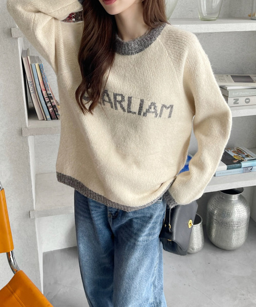 Séfr ベージュ　ニットセーター　L ニット セーター 「Eclat one」 配色 ジャガード ロゴ メランジ