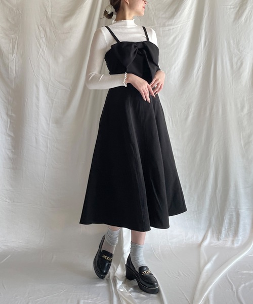 ジャガードバックリボンワンピース 黒 oneway ジャガードバックリボンワンピース（ワンピース）｜abc une face
