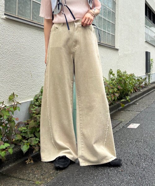 ジーンズ デニム デニムパンツ フリンジバギーデニムパンツ レディース