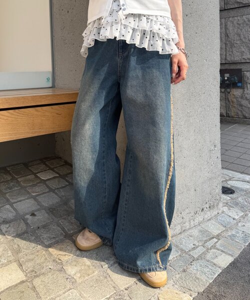 ジーンズ デニム デニムパンツ フリンジバギーデニムパンツ レディース