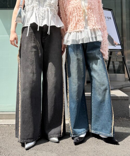 ジーンズ デニム デニムパンツ フリンジバギーデニムパンツ レディース