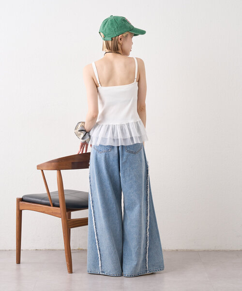 【wcloset】フリンジバギーデニムパンツ　ベージュ　S 着用動画あり！/5色展開/3サイズ展開】フリンジバギーデニム