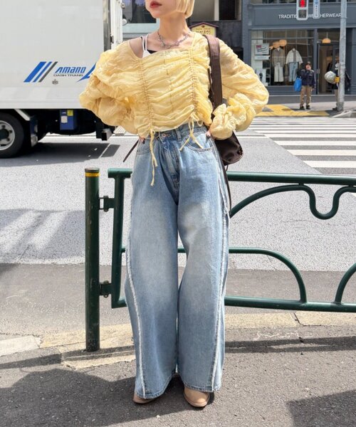 ジーンズ デニム デニムパンツ フリンジバギーデニムパンツ レディース