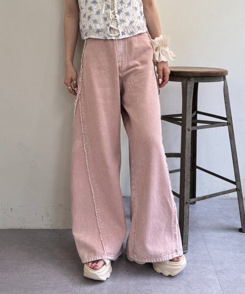 ジーンズ デニム デニムパンツ フリンジバギーデニムパンツ レディース