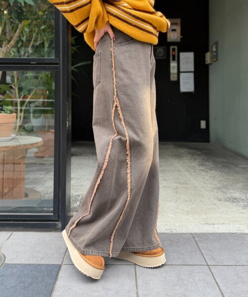 ジーンズ デニム デニムパンツ フリンジバギーデニムパンツ レディース