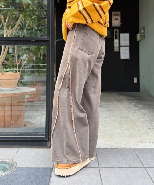 ジーンズ デニム デニムパンツ フリンジバギーデニムパンツ レディース