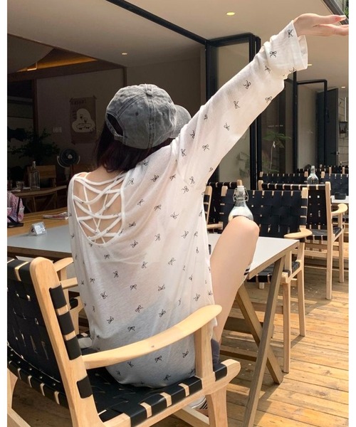 FUNdaysion tシャツ バッククロスリボン柄シアートップス レディース