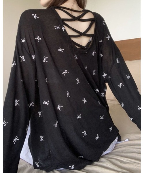 FUNdaysion tシャツ バッククロスリボン柄シアートップス レディース
