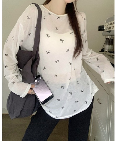 FUNdaysion tシャツ バッククロスリボン柄シアートップス レディース