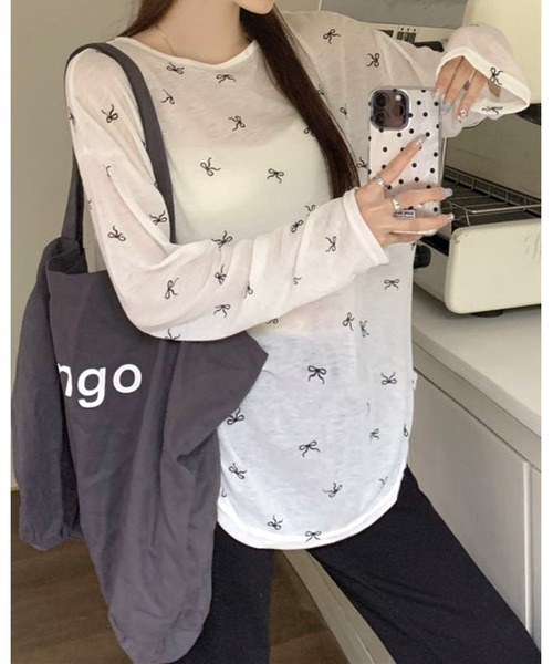 FUNdaysion tシャツ バッククロスリボン柄シアートップス レディース