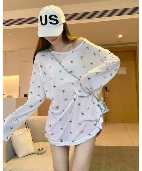 FUNdaysion tシャツ バッククロスリボン柄シアートップス レディース