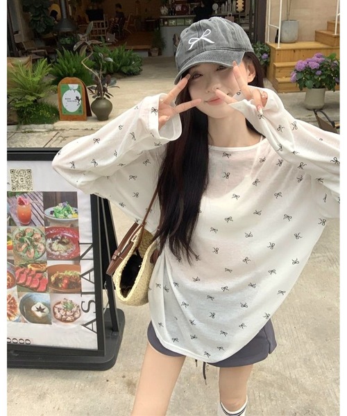 FUNdaysion tシャツ バッククロスリボン柄シアートップス レディース