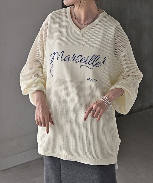 HUG.U（ハグユー） ニット セーター ロゴ刺繍メッシュニット