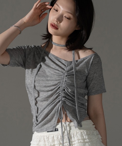 オフショルトップス AZUL BY MOUSSY | 5分袖ギャザーオフショルニットトップス (ニット