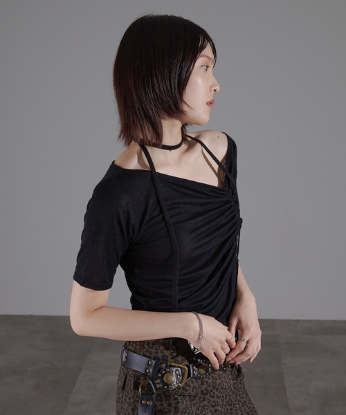 オフショルトップス AZUL BY MOUSSY | 5分袖ギャザーオフショルニットトップス (ニット