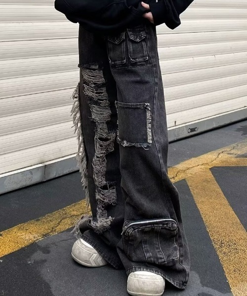 lilful カーゴパンツ フリンジダメージ加工ギミックカーゴデニムパンツ