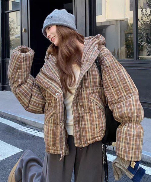 ダウンコート ダウンジャケット チェック柄フード付き中綿ジャケット