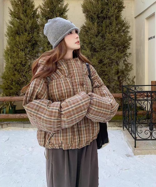 ダウンコート ダウンジャケット チェック柄フード付き中綿ジャケット