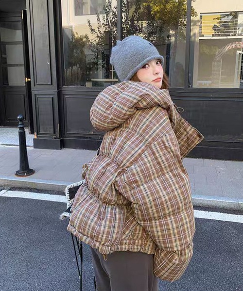   ダウンコート フード、内側チェック柄　脱着可能 ダウンコート ダウンジャケット チェック柄フード付き中綿ジャケット