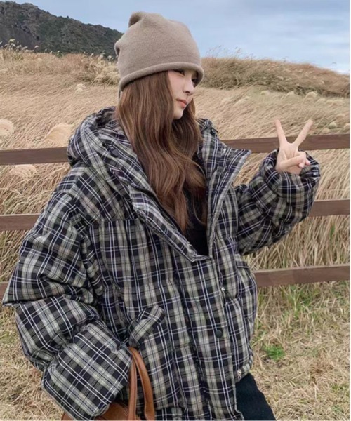 ダウンコート ダウンジャケット チェック柄フード付き中綿ジャケット