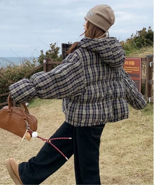 ダウンコート ダウンジャケット チェック柄フード付き中綿ジャケット