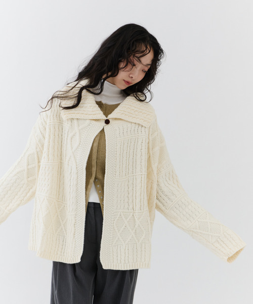 NUJOH ニット セーター 2WAY Fold Collar Cable Knit / 2WAY