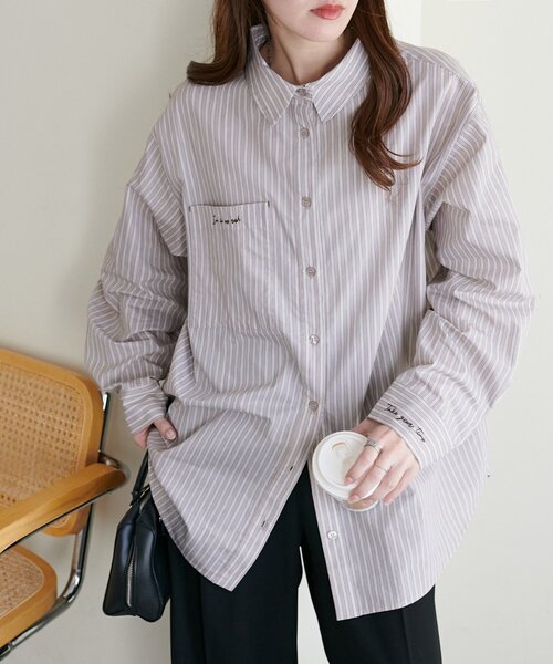 レディース yori シロコン ループ刺繍ロングスリーブ シャツブラウス S 