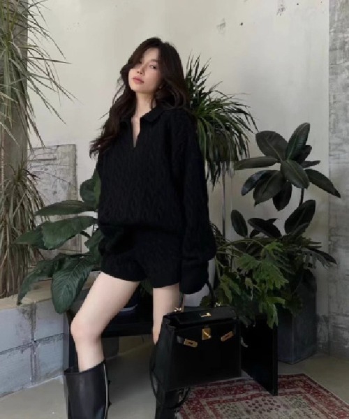 ニット セーター ケーブル編みオーバーサイズ トップス＋ショート