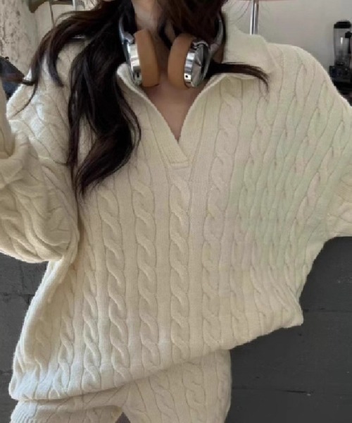 ニット セーター ケーブル編みオーバーサイズ トップス＋ショート
