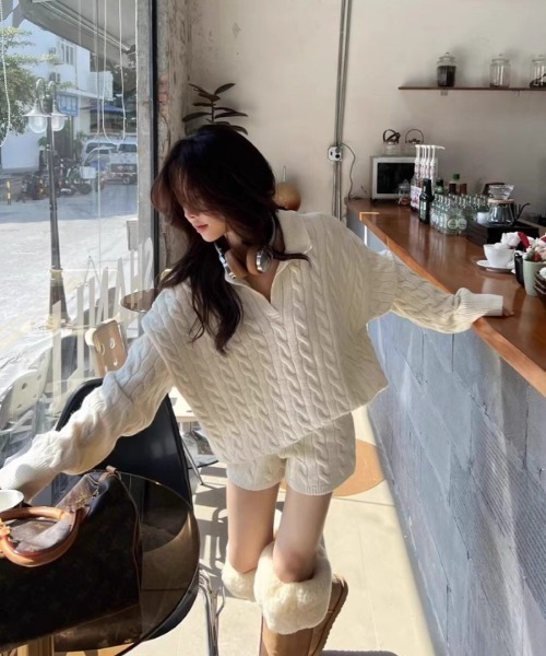 ニット セーター ケーブル編みオーバーサイズ トップス＋ショート