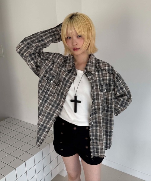 B*B様 チェック柄ブリーチダメージ加工　長袖シャツ シャツ ブリーチ加工ウエスタンチェックシャツ メンズ レディース