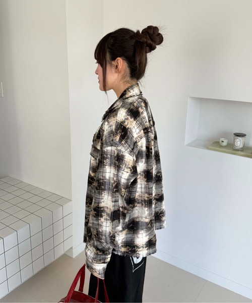 B*B様 チェック柄ブリーチダメージ加工　長袖シャツ シャツ ブリーチ加工ウエスタンチェックシャツ メンズ レディース