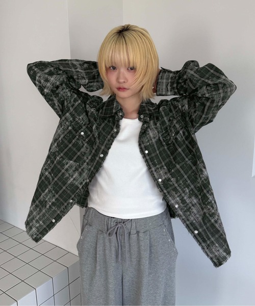 B*B様 チェック柄ブリーチダメージ加工　長袖シャツ シャツ ブリーチ加工ウエスタンチェックシャツ メンズ レディース