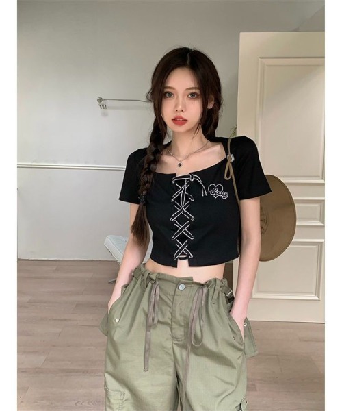【クレージュ★美品】カットソー Y2k クロップド丈 ウォッシュ加工 S tシャツ Y2K ショート丈クロスレースアップ クロップド T シャツ